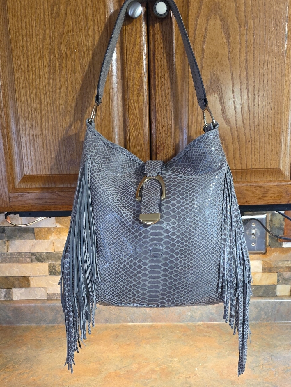 G.I.L.I. Fringe Snake-Embossed Grey Hobo Bag